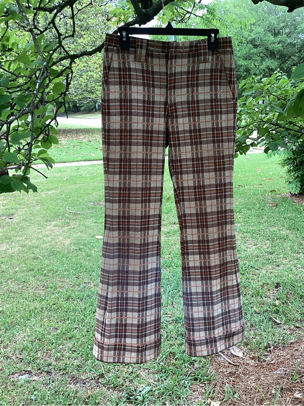 Vintage Bell Bottom Plaid Wide-Leg Trousers in Brown and Cream